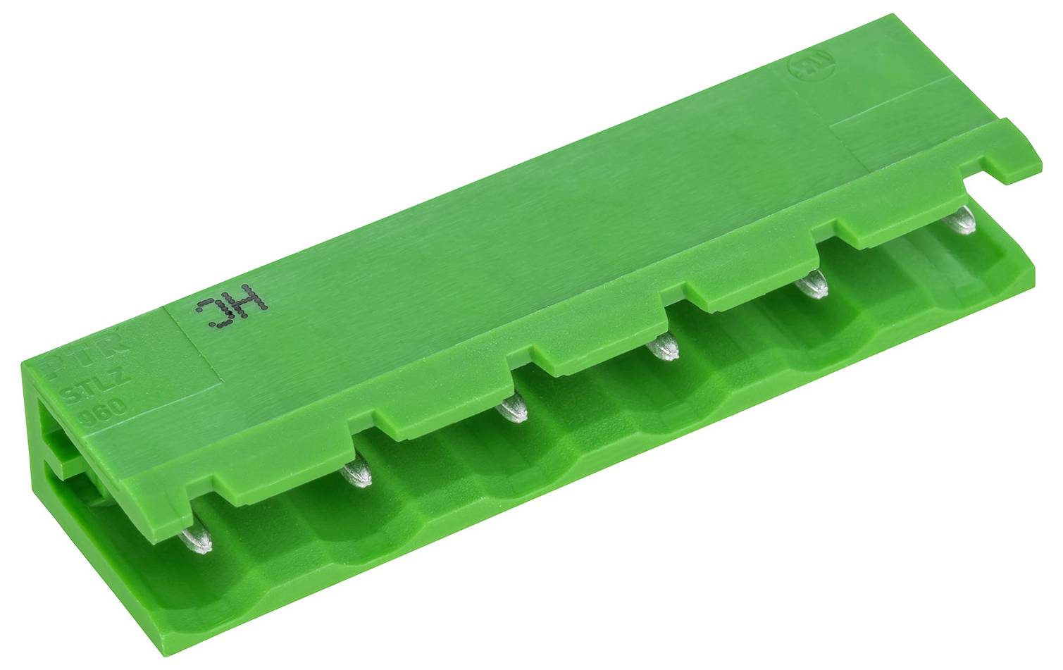 Grüner Verbinder mit sechs Metallstiften, gekennzeichnet mit 'HC'.