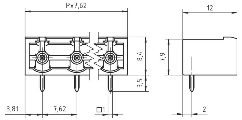 Technische Zeichnung eines elektrischen Steckers mit Seiten- und Draufsicht, mit Abmessungen, Stiftanordnung und Abstands­messungen in Millimetern.