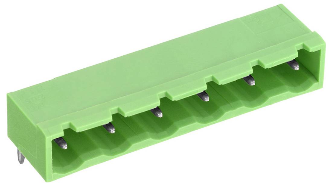 Ein grüner, rechteckiger 5-Pol-Klemmblockstecker mit Metallkontakten zum Verbinden von Elektrokabeln in elektronischen Schaltungen.