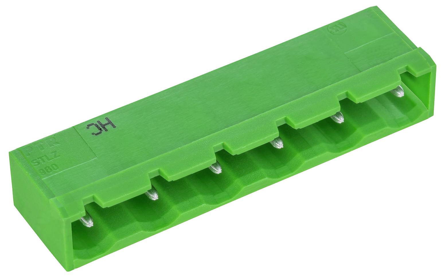 Ein grüner Steckverbinder mit sechs Metallstiften, der in Verdrahtungsanwendungen verwendet wird.