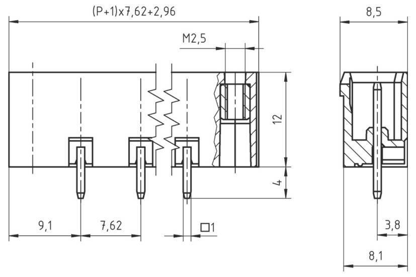 Technische Zeichnung eines Steckers mit Maßangaben, die Stiftabstände und Abmessungen in Millimetern zeigt. Beschriftungen: P, M2,5. Seiten- und Vorderansichten enthalten.