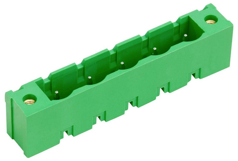 Ein grüner rechteckiger Kunststoffblock mit mehreren Kerben und Löchern, wahrscheinlich als isolierende Komponente in elektrischen Anlagen verwendet.