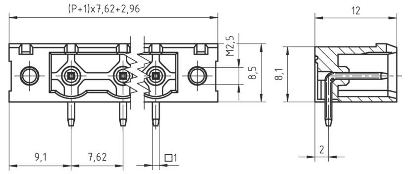 Technische Zeichnung einer mechanischen Komponente mit Abmessungen und Schnittansichten, detaillierte Darstellung von Messwerten und Konstruktionsmerkmalen.