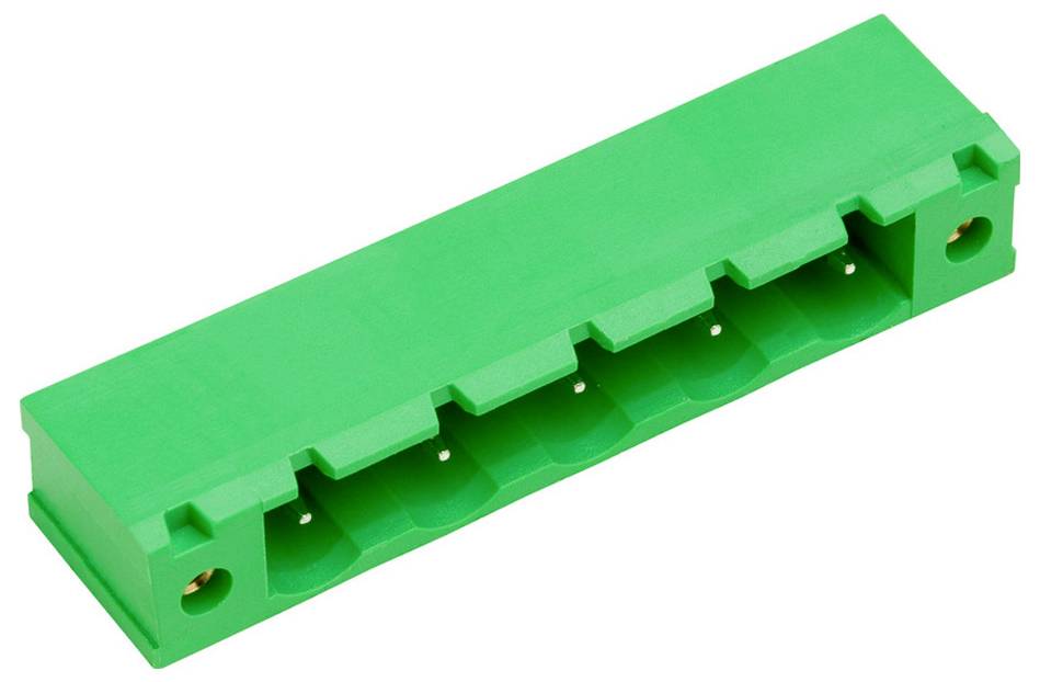 Ein grüner Kunststoffhalter, der zum Organisieren oder Verbinden von sechs elektronischen Komponenten oder Modulen konzipiert ist und Schlitze für sichere Platzierung aufweist.