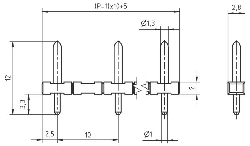 Ein technisches Diagramm eines Stiftverbinders mit Maßangaben. Breite 12 Einheiten, Höhe 3,3 Einheiten, Stiftabstand 2,5 Einheiten mit einem Stiftdurchmesser von 1,3 Einheiten.