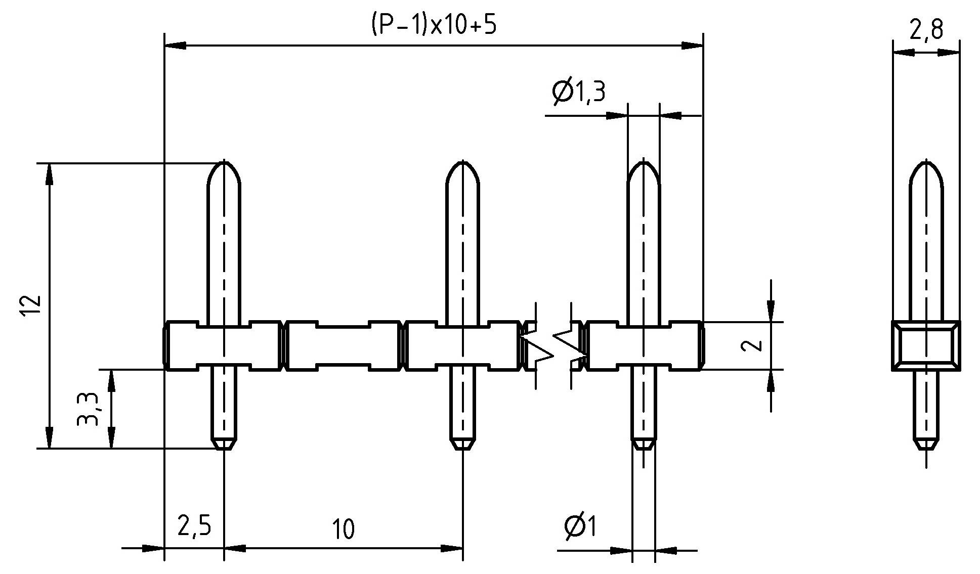 Diagramm eines 4-poligen Steckers mit Abmessungen: Breite 2,5, Höhe 12, Abstand 10 zwischen den Stiften. Maße in Millimetern.