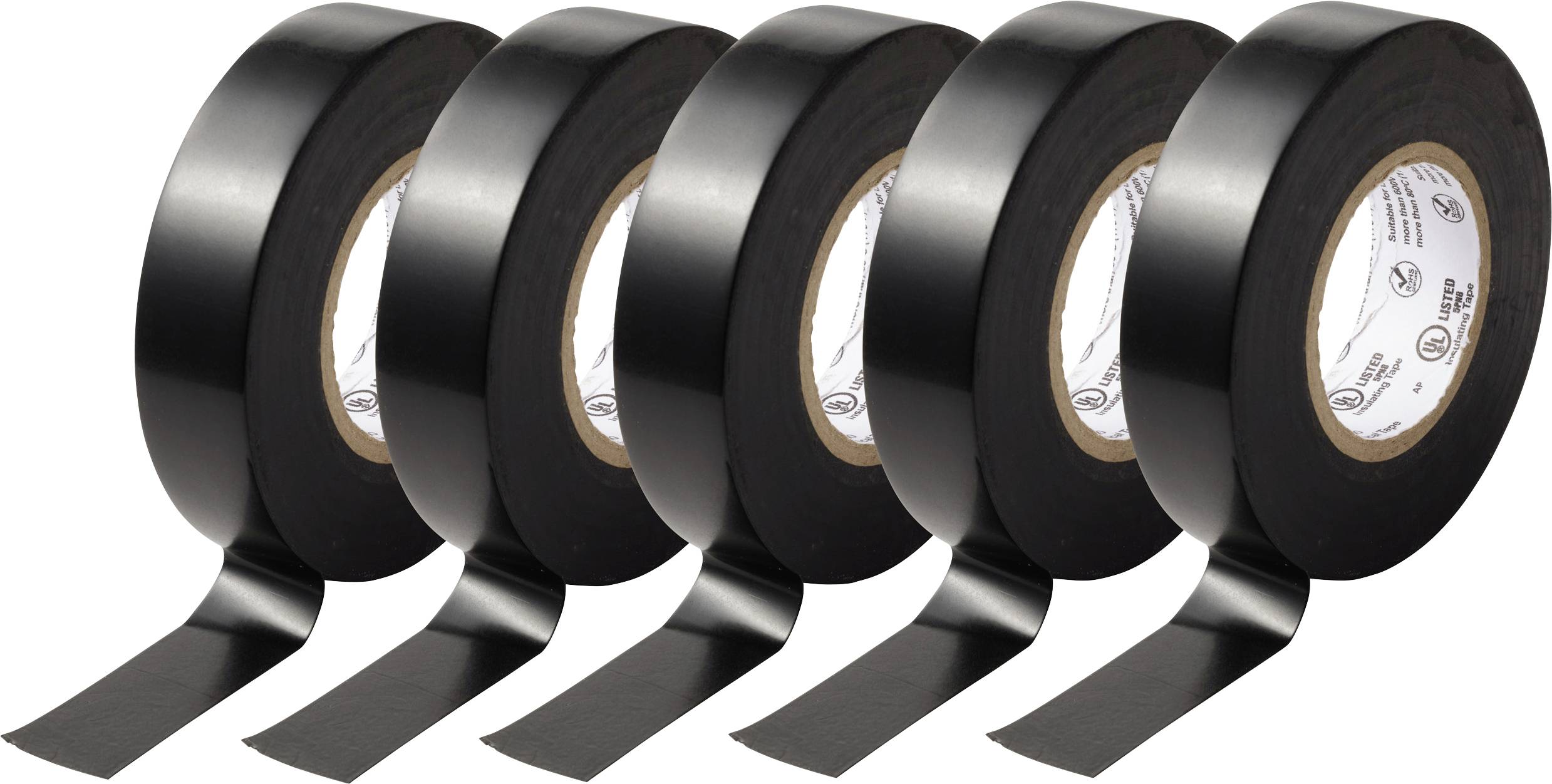 Fünf Rollen schwarzes Isolierband, in einer Reihe angeordnet, jede mit teilweise abgewickeltem Band.