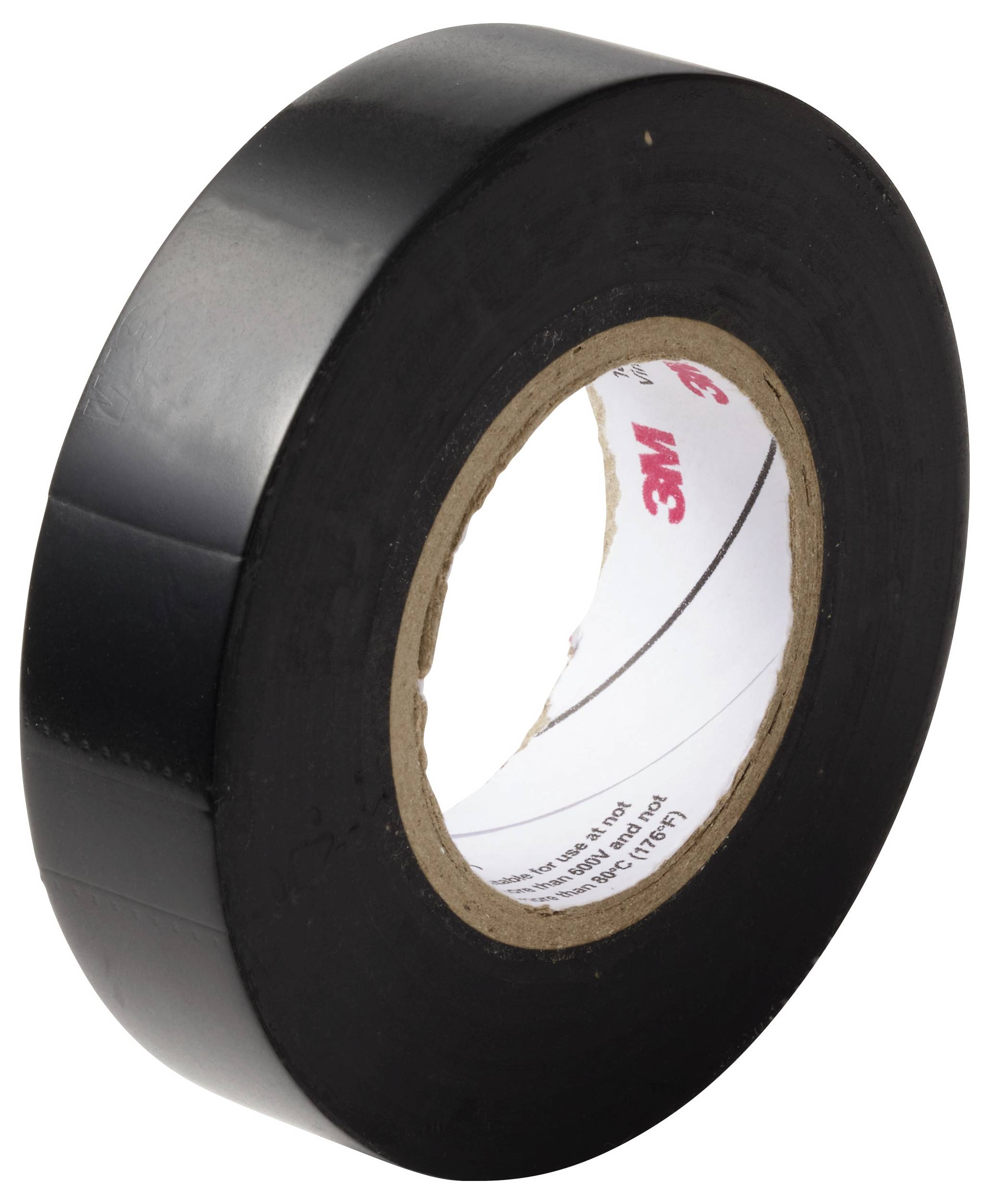 Eine Rolle schwarzes Isolierband mit einem weißen inneren Etikett, das rote 