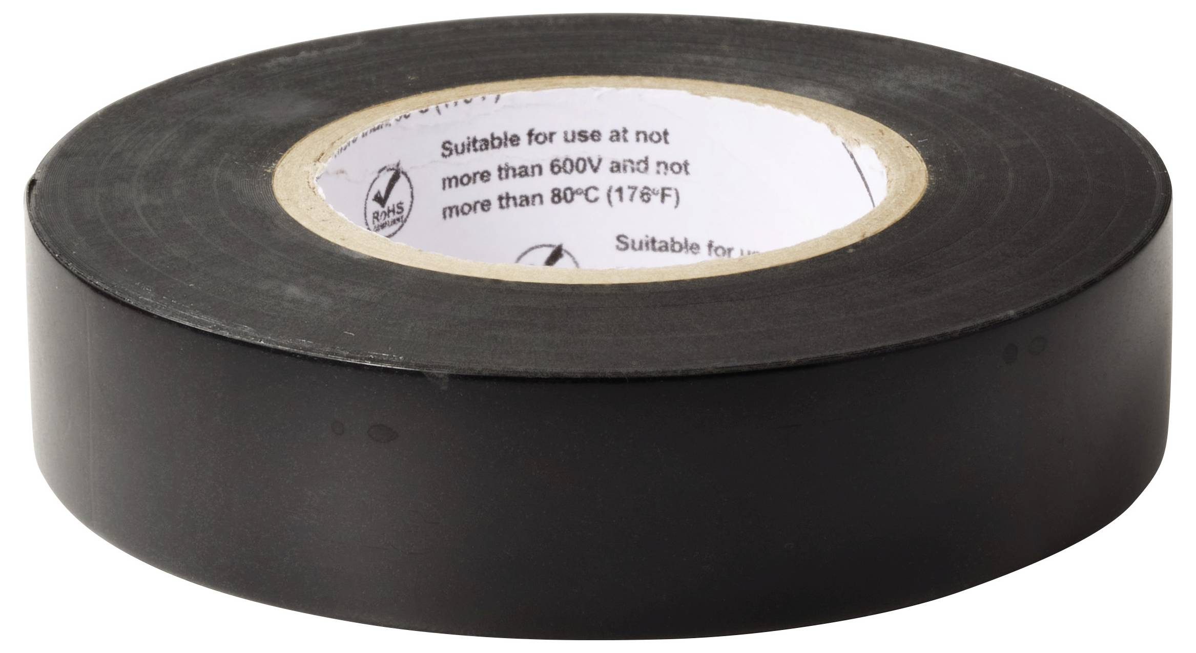 Eine Rolle schwarzes Elektroklebeband mit weißer innerer Beschriftung, die die Verwendung unter 600V und 80°C (176°F) anzeigt.