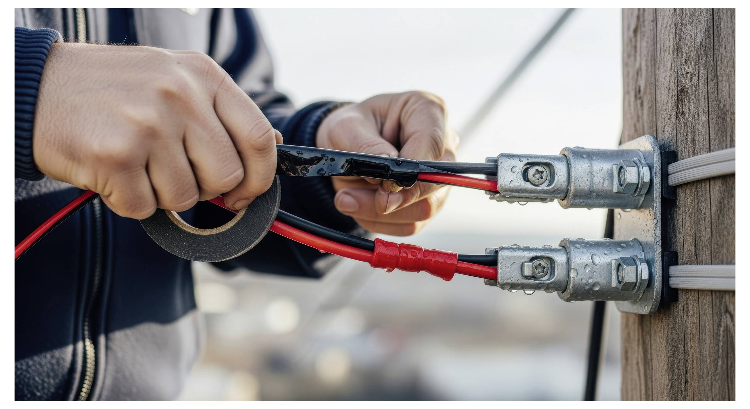 Eine Person wickelt Isolierband um freigelegte Drähte an einem Strommasten, was auf Elektrowartungs- oder Reparaturarbeiten hindeutet.