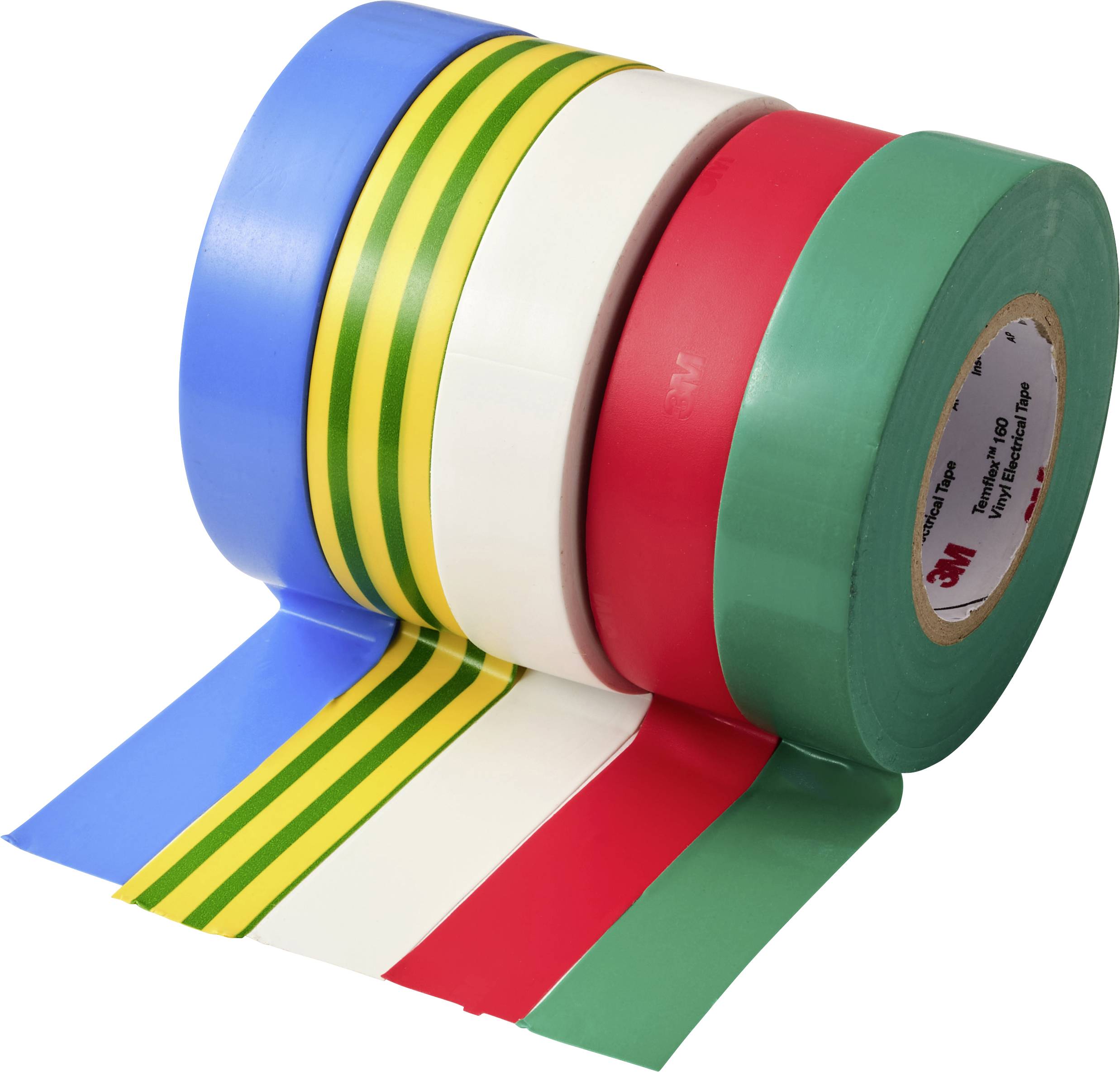 Fünf Rollen Isolierband, leicht abgerollt, in Blau, Gelb mit grünen Streifen, Weiß, Rot und Grün.