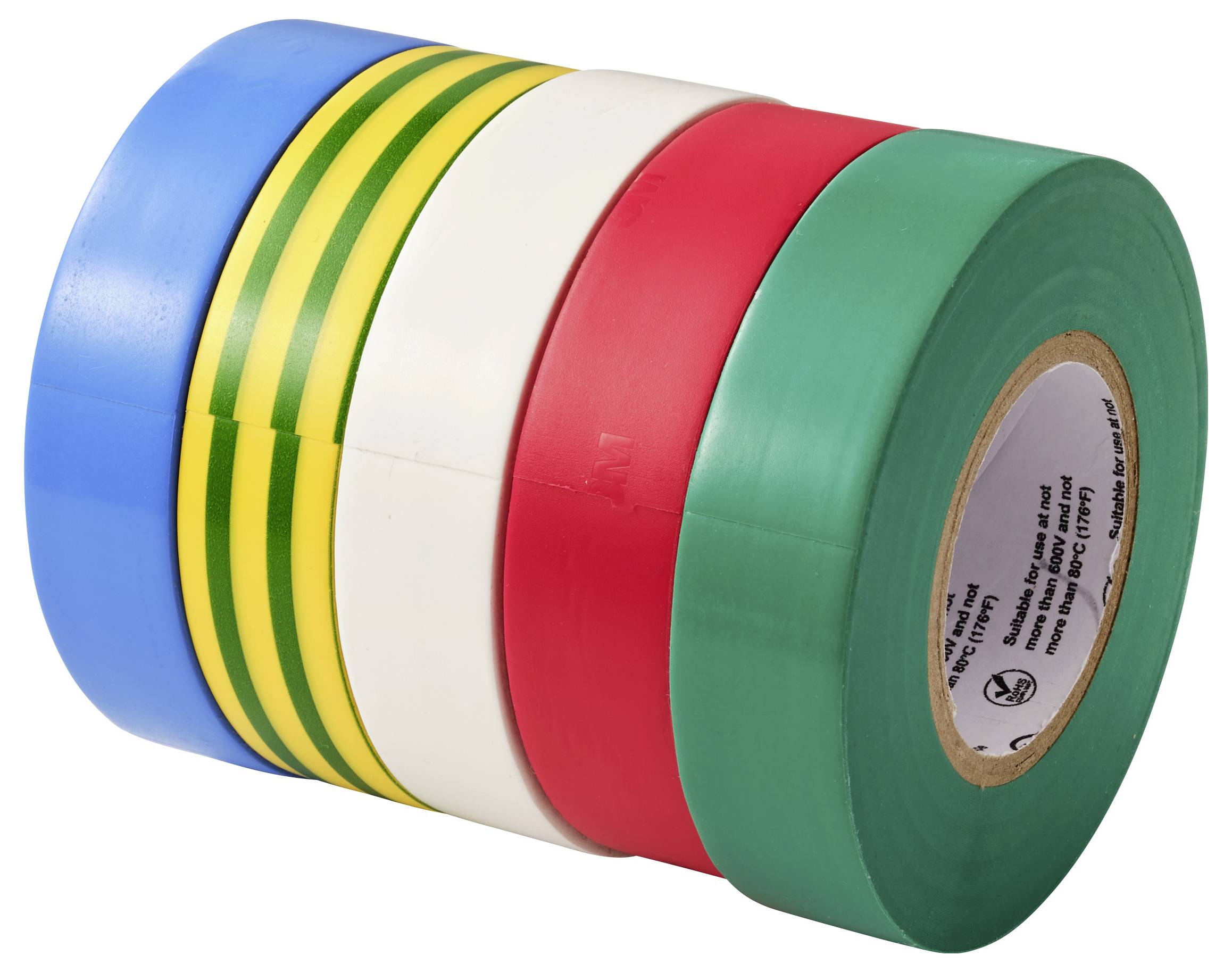 Fünf Rollen farbiges Klebeband: blau, gelb mit grünen Streifen, weiß, rot und grün, nebeneinander gestapelt.