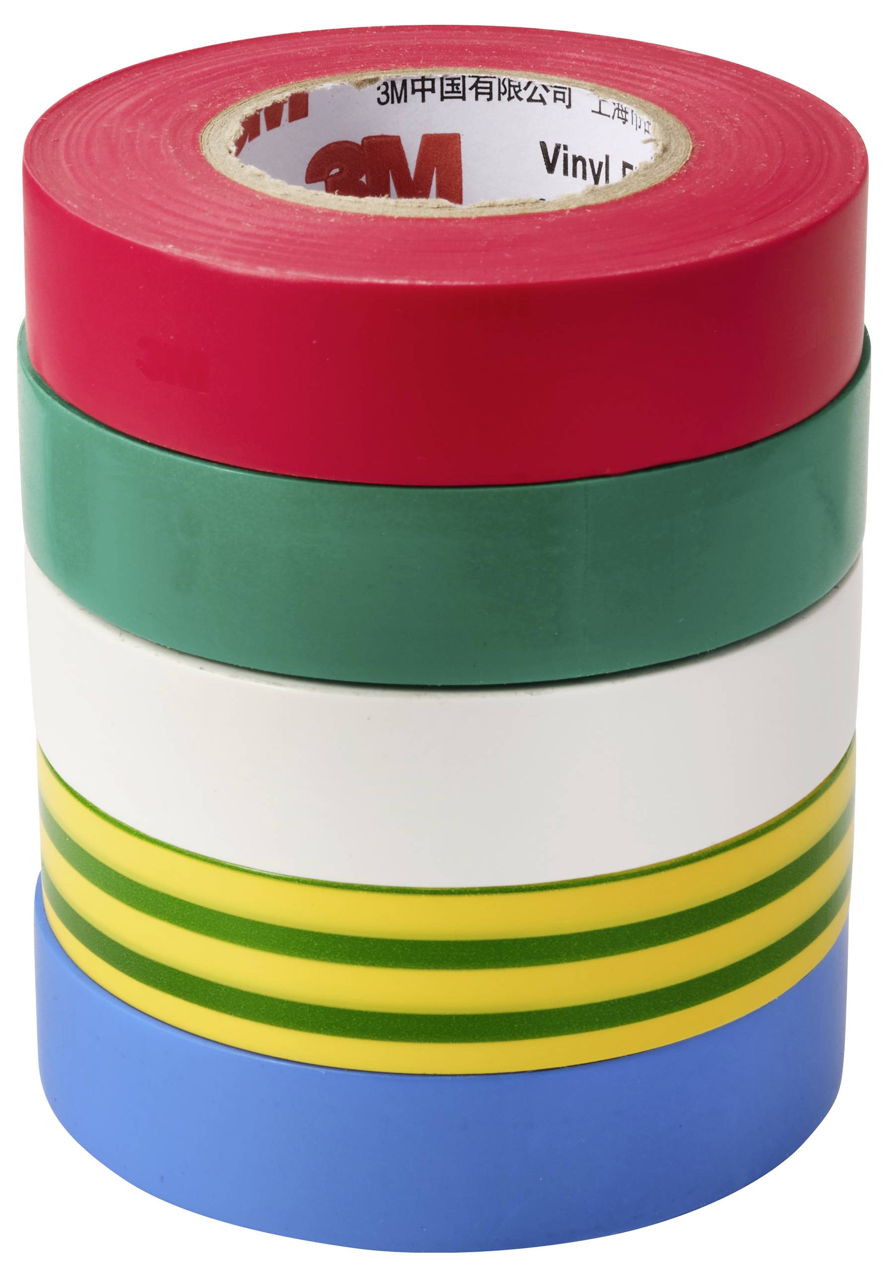 Ein Stapel von fünf Rollen farbigem Isolierband in Rot, Grün, Weiß, Gelb mit grünen Streifen und Blau.