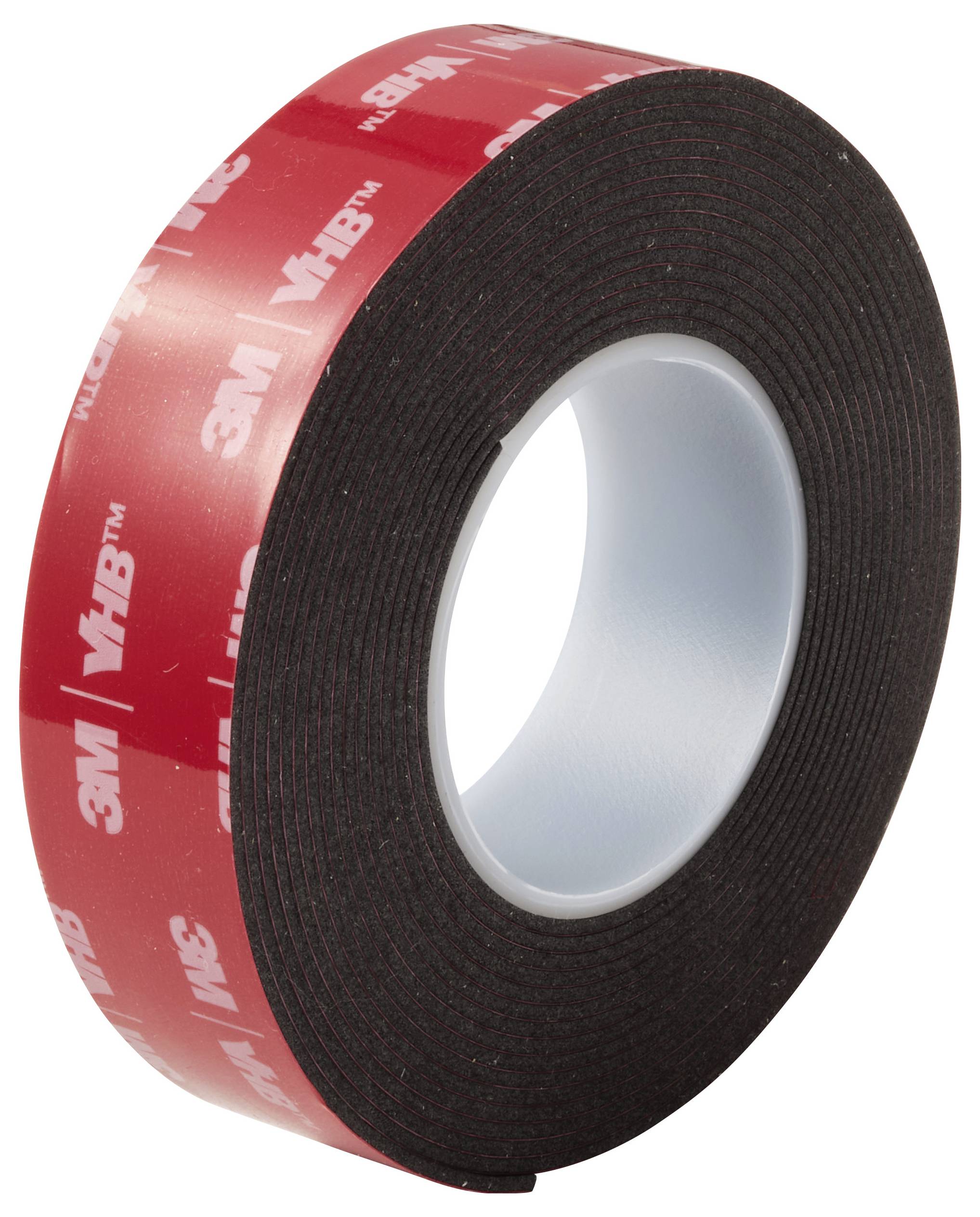 Eine Rolle schwarzes Schaumband mit roter Rückseite, auf der das Logo „3M VHB