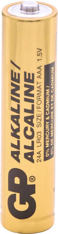 Eine Goldene AAA-Alkalibatterie mit der Aufschrift 'GP ALKALINE 24A LR03 GRÖSSE FORMAT AAA 1,5V' mit Sicherheitsinformationen zu Quecksilber und Cadmium.