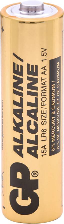 Eine AA-Batterie mit Alkaline-Technologie, gekennzeichnet als '1,5V, 0% Quecksilber & Cadmium'.