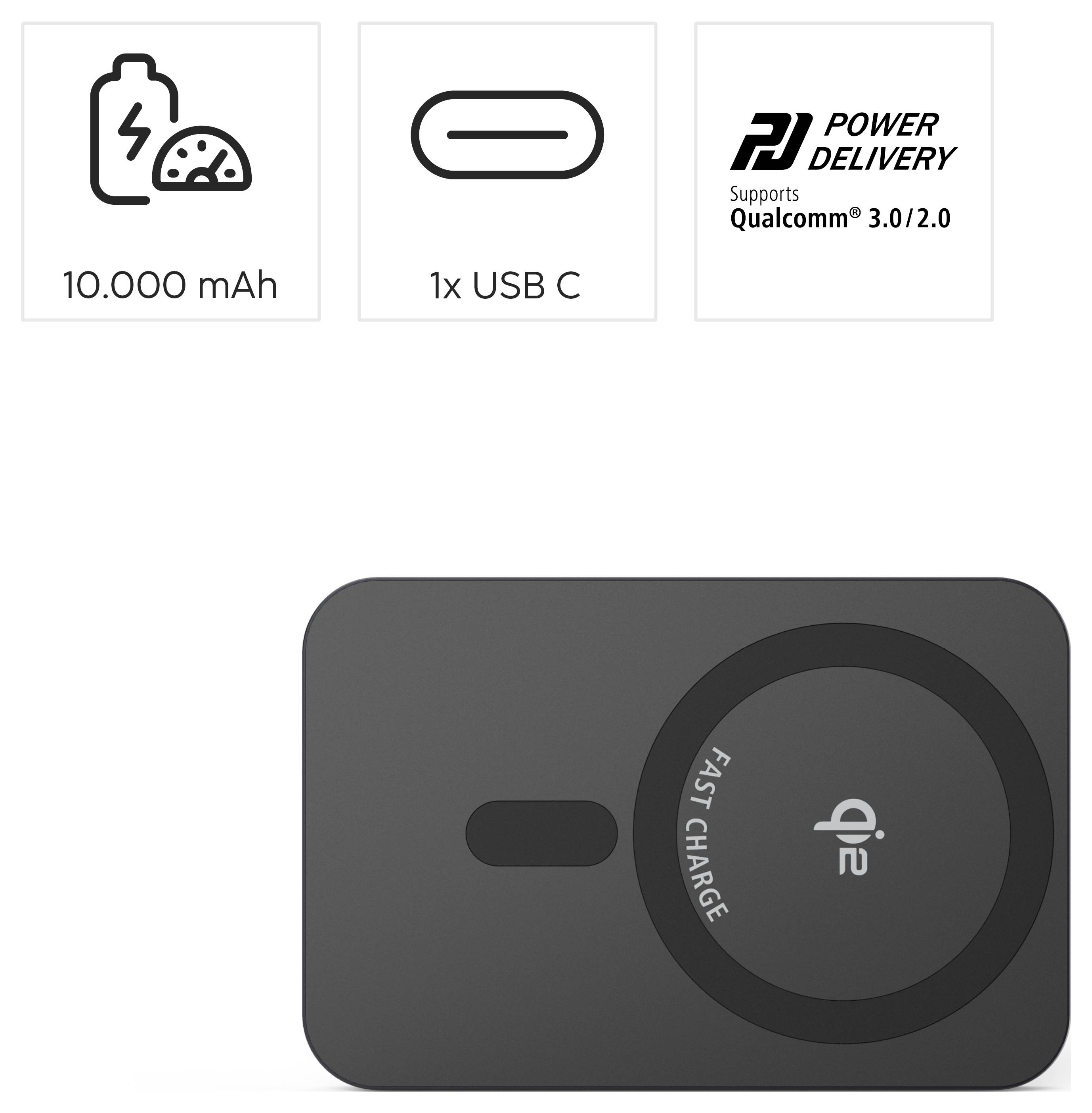 Ein schwarzer rechteckiger Powerbank mit 'FAST CHARGE' Aufdruck, ausgestattet mit drahtloser Ladefunktion, 10.000 mAh Kapazität, 1 USB-C-Anschluss und Unterstützung für Quick Charge 3.0/2.0.