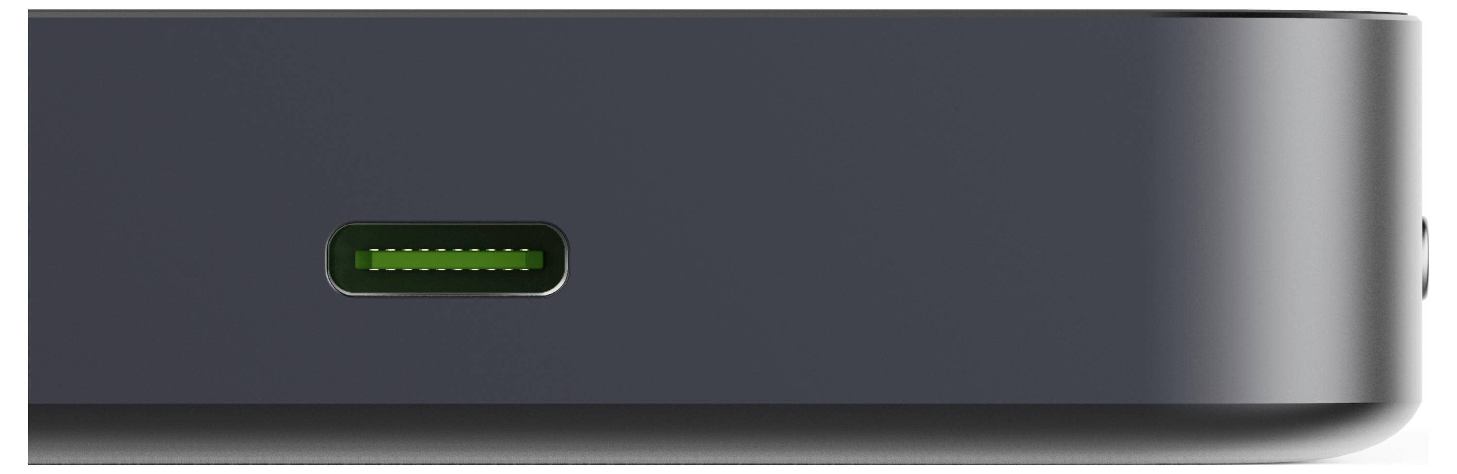 „Nahaufnahme eines dunkel gefärbten elektronischen Geräts mit einem USB-C-Anschluss an der Seite.