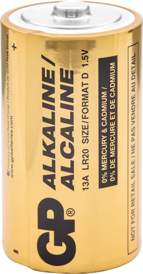 Eine zylindrische goldene Alkalibatterie mit der Aufschrift 'GP Alkaline' mit folgenden Spezifikationen: 1,5V, Größe 13A LR20, quecksilber- und cadmiumfrei.