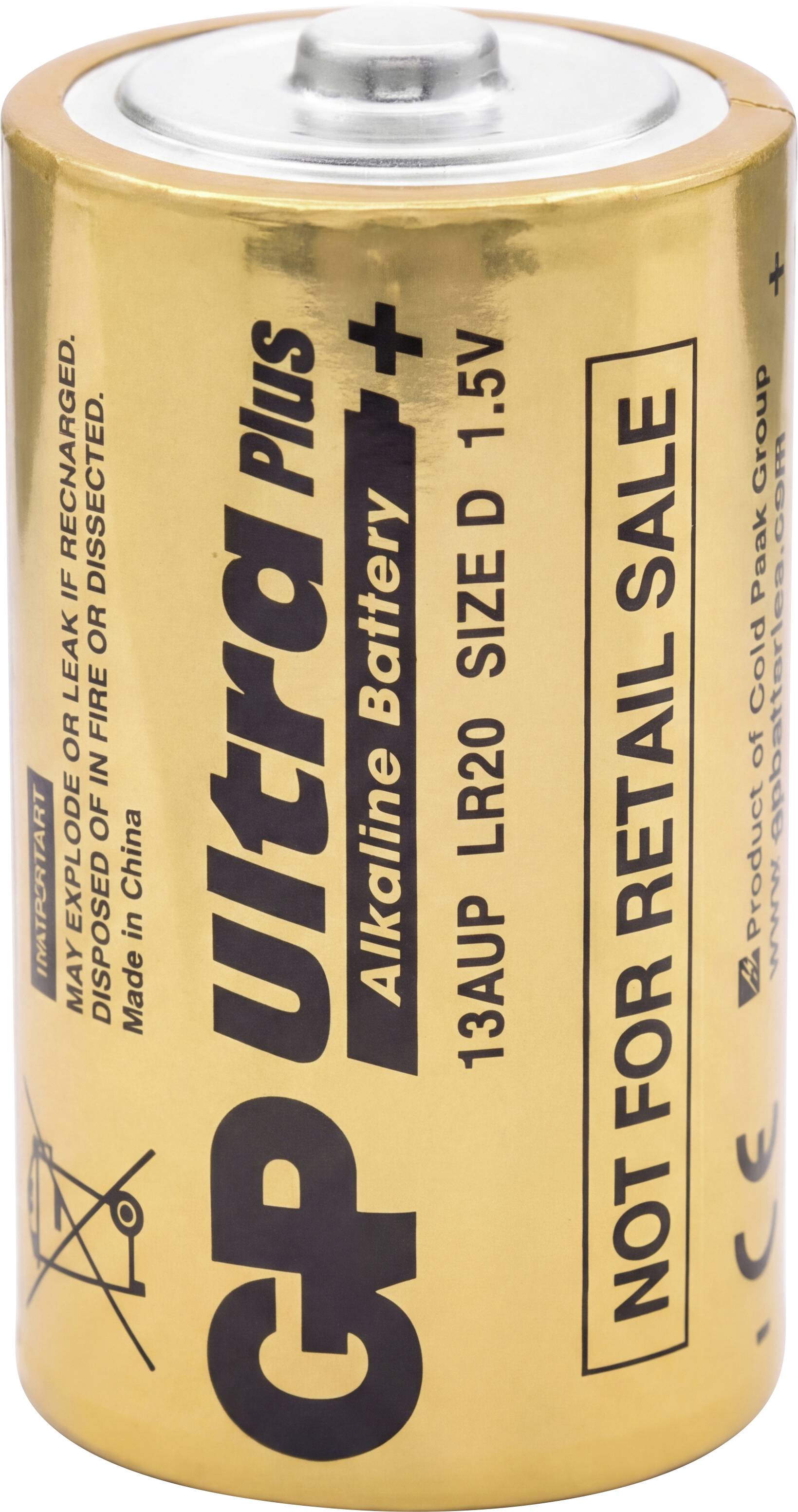 Eine goldfarbene GP Ultra Plus Alkali-Batterie, Größe D, 1,5 Volt, mit der Beschriftung 
