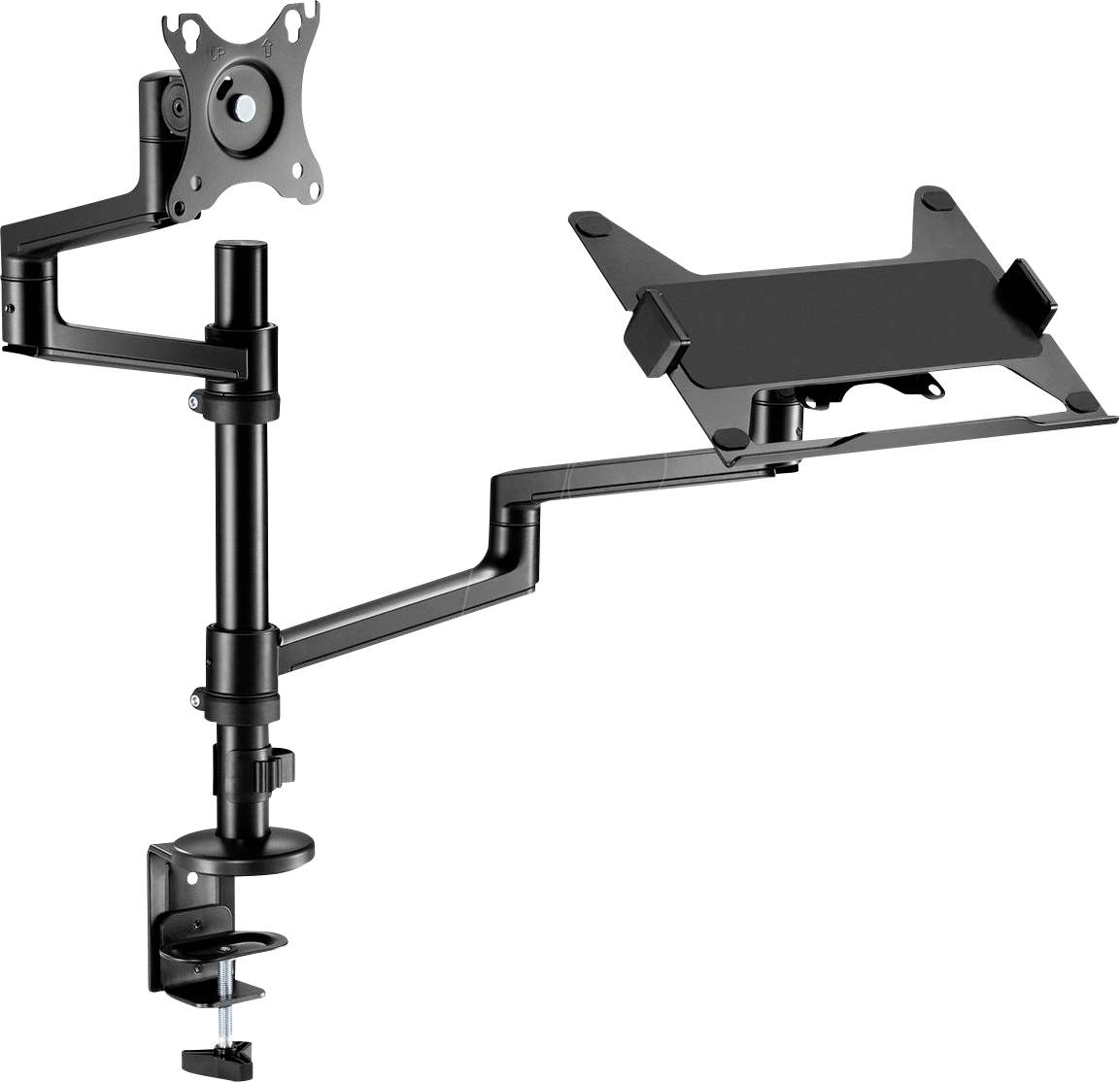 Verstellbare Dual-Monitor-Schreibtischhalterung mit Armverlängerungen, entwickelt, um zwei Bildschirme sicher zu befestigen. Wird mit einer Klemmvorrichtung am Schreibtisch angebracht.