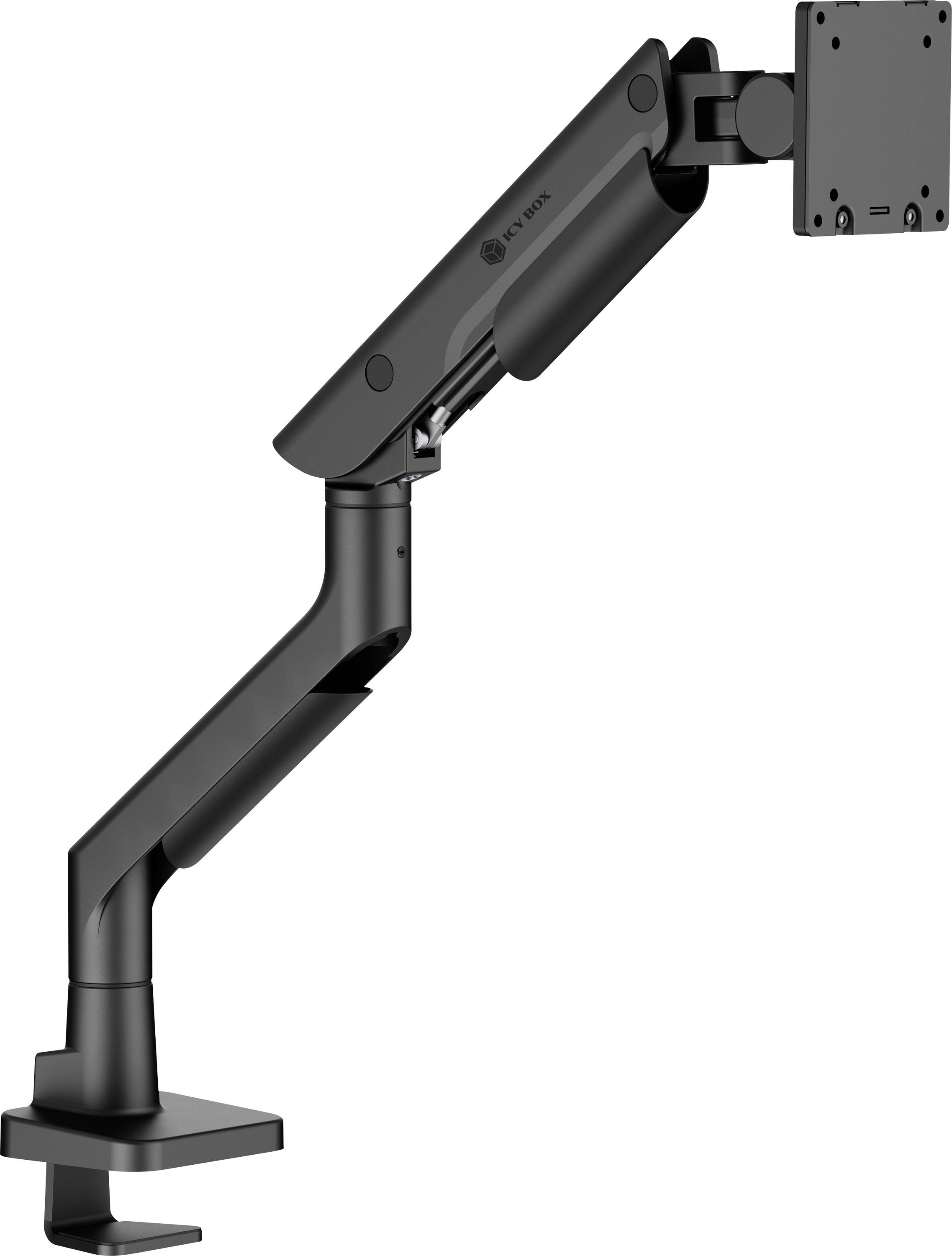 Ergonomischer schwarzer Monitorarm mit verstellbarer Höhe und Neigung, zur Befestigung an einem Schreibtisch, geeignet zur Optimierung des Arbeitsplatzes und der Ergonomie.