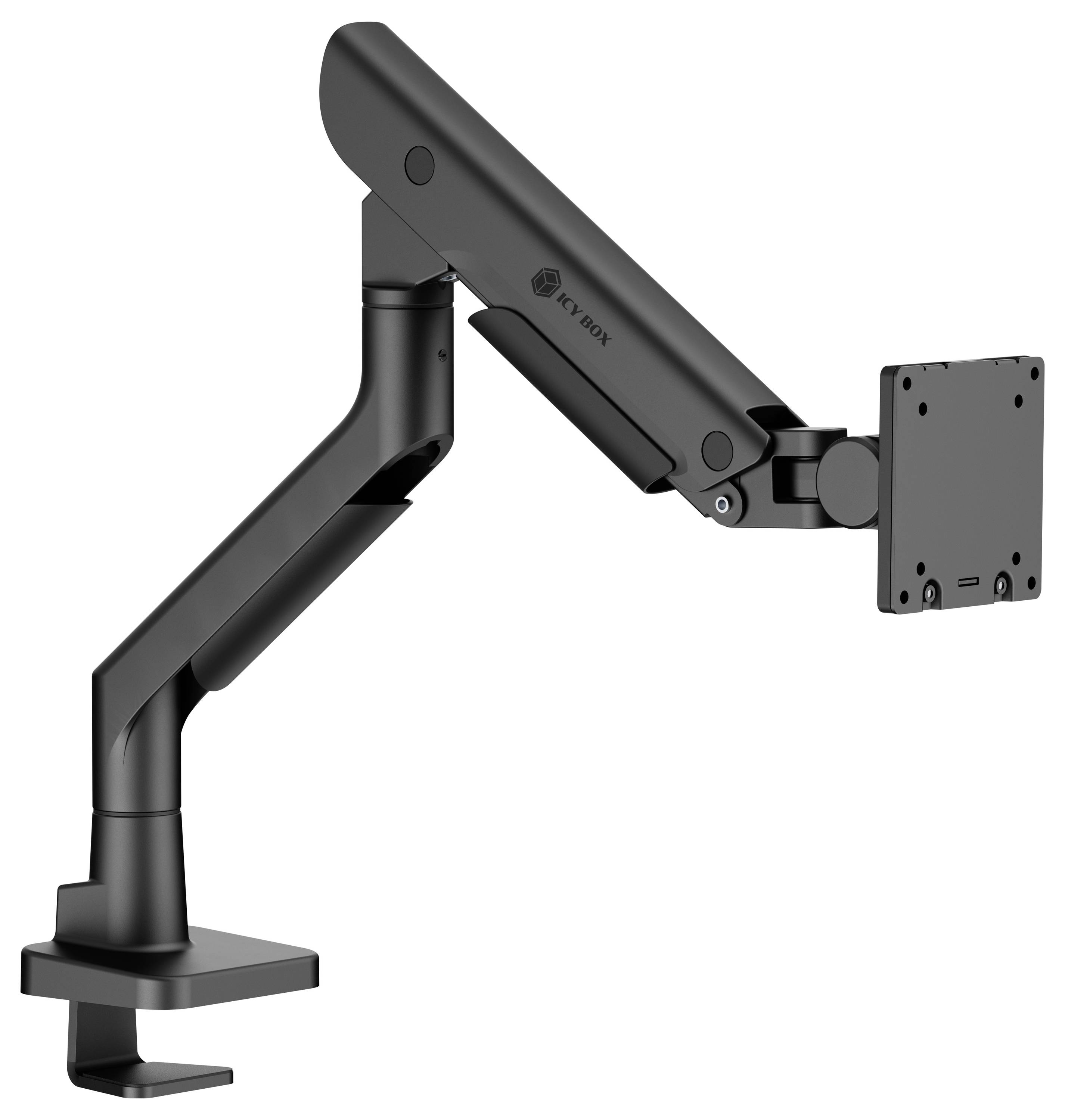 Ein verstellbarer schwarzer Monitorarm mit Klemmfuß, geeignet zur Befestigung an einem Schreibtisch, konzipiert zum Tragen und Anheben eines Computerbildschirms.