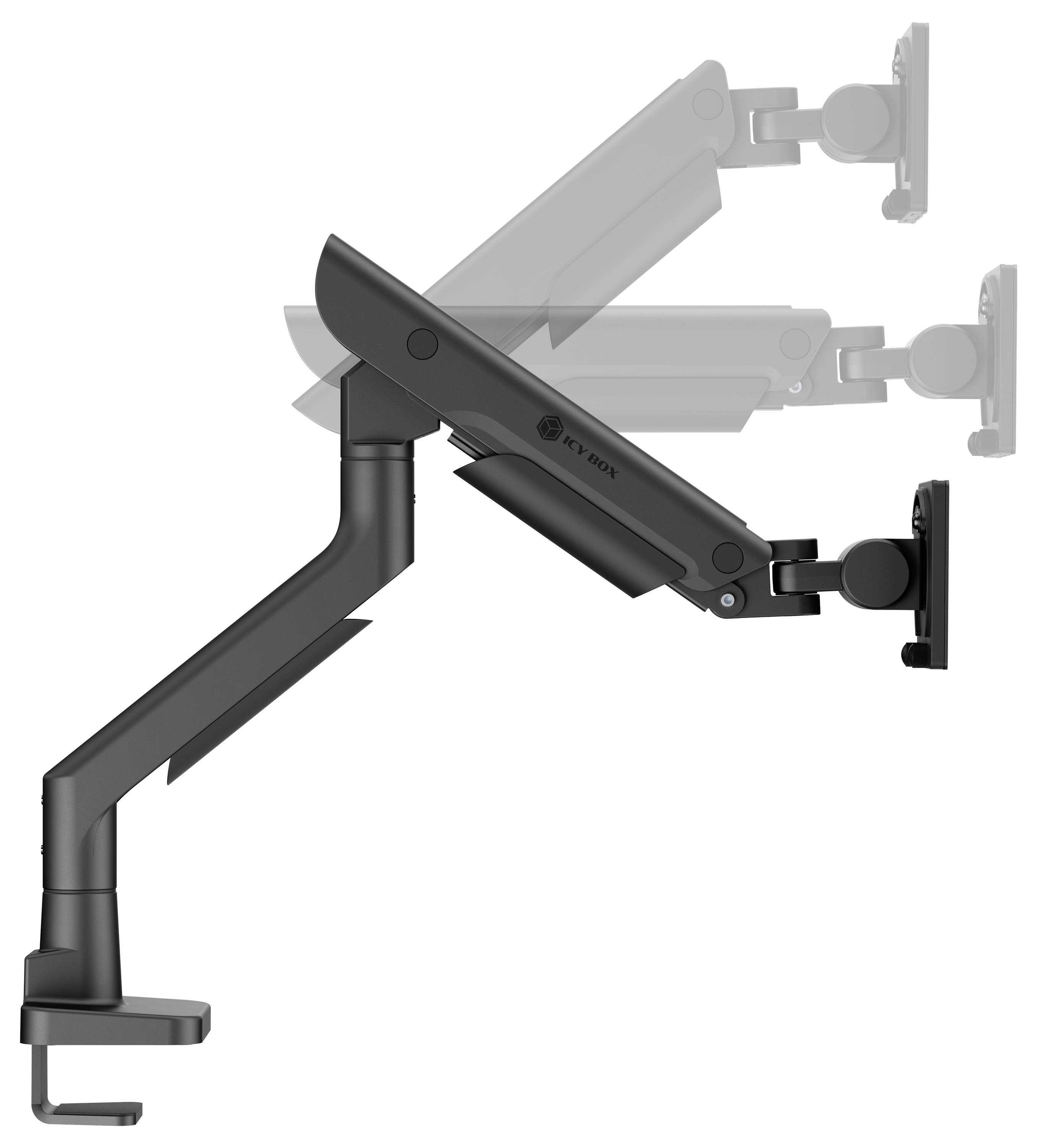 Eine schwarze, verstellbare Monitorhalterung mit Klemmfuß, die in drei verschiedenen Positionen gezeigt wird, um ihre Bewegungsreichweite und Flexibilität zu demonstrieren.