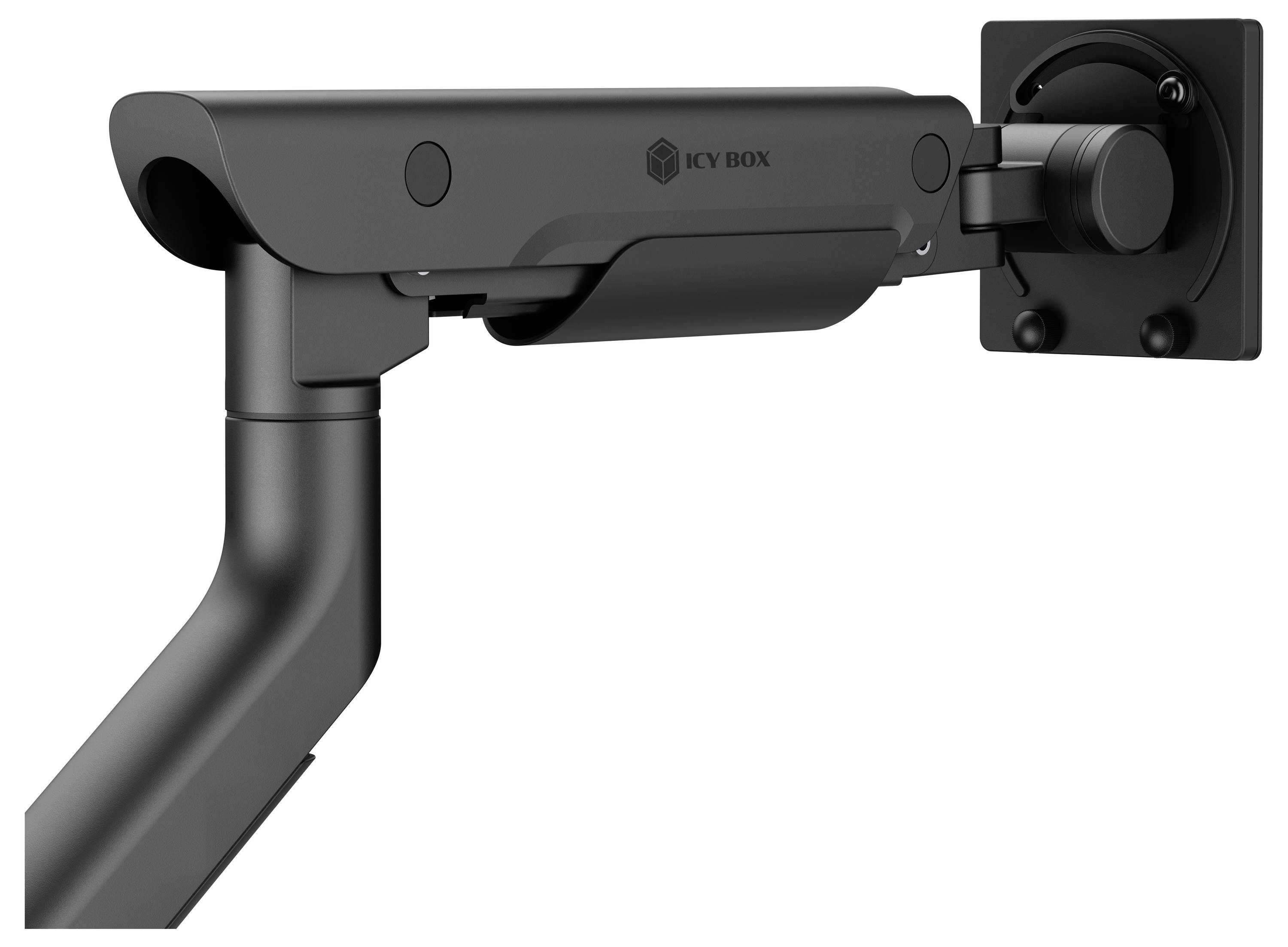 Schwarzer, verstellbarer Monitorhalterungsarm mit robuster Konstruktion, ausgestattet mit einer Schwenkgelenkvorrichtung und VESA-Platte zur Befestigung eines Bildschirms.