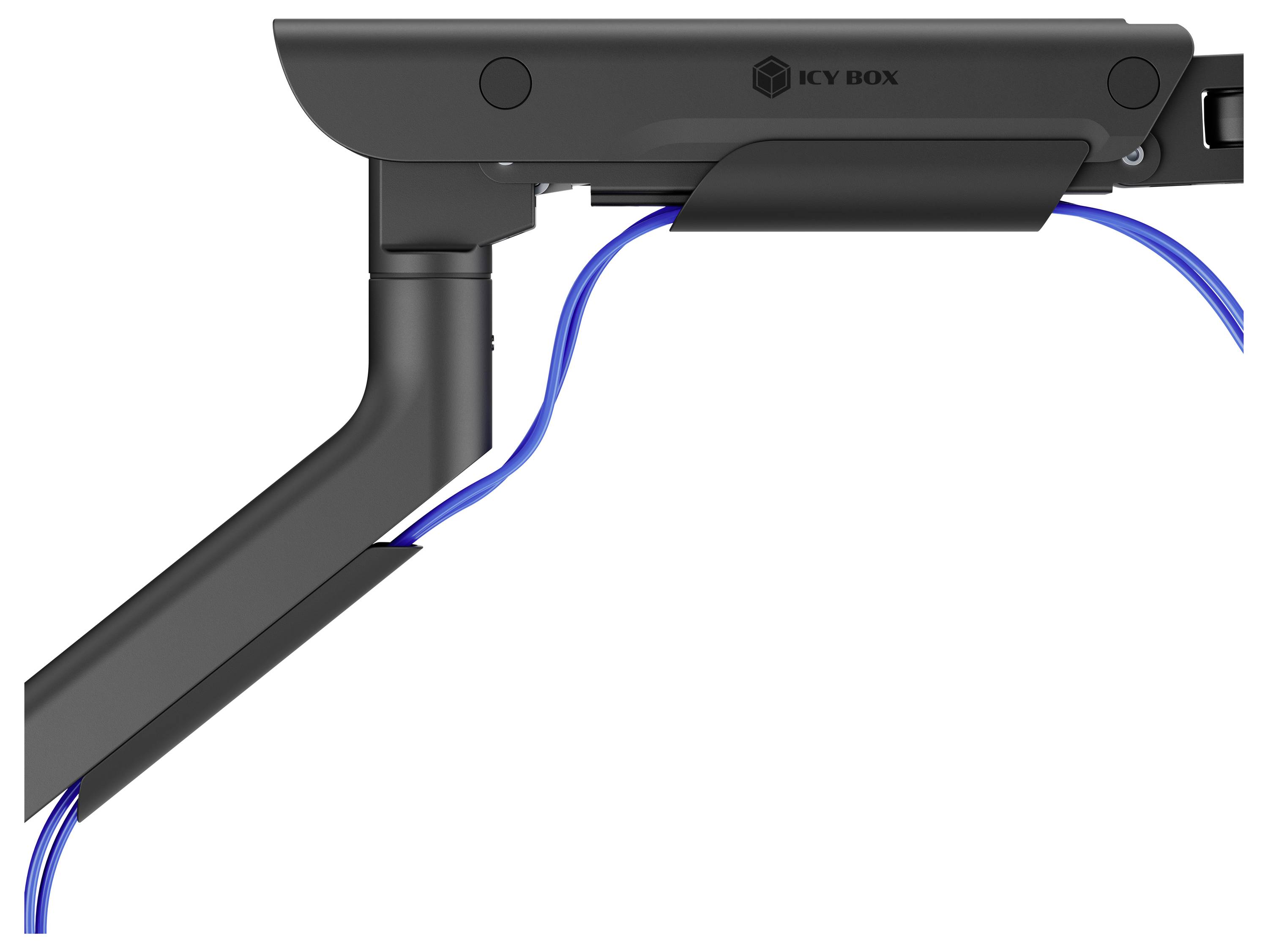 Ein Monitorarm mit Kabelverwaltungssystem, ausgestattet mit elegantem schwarzem Design und ordentlich arrangierten blauen Kabeln.