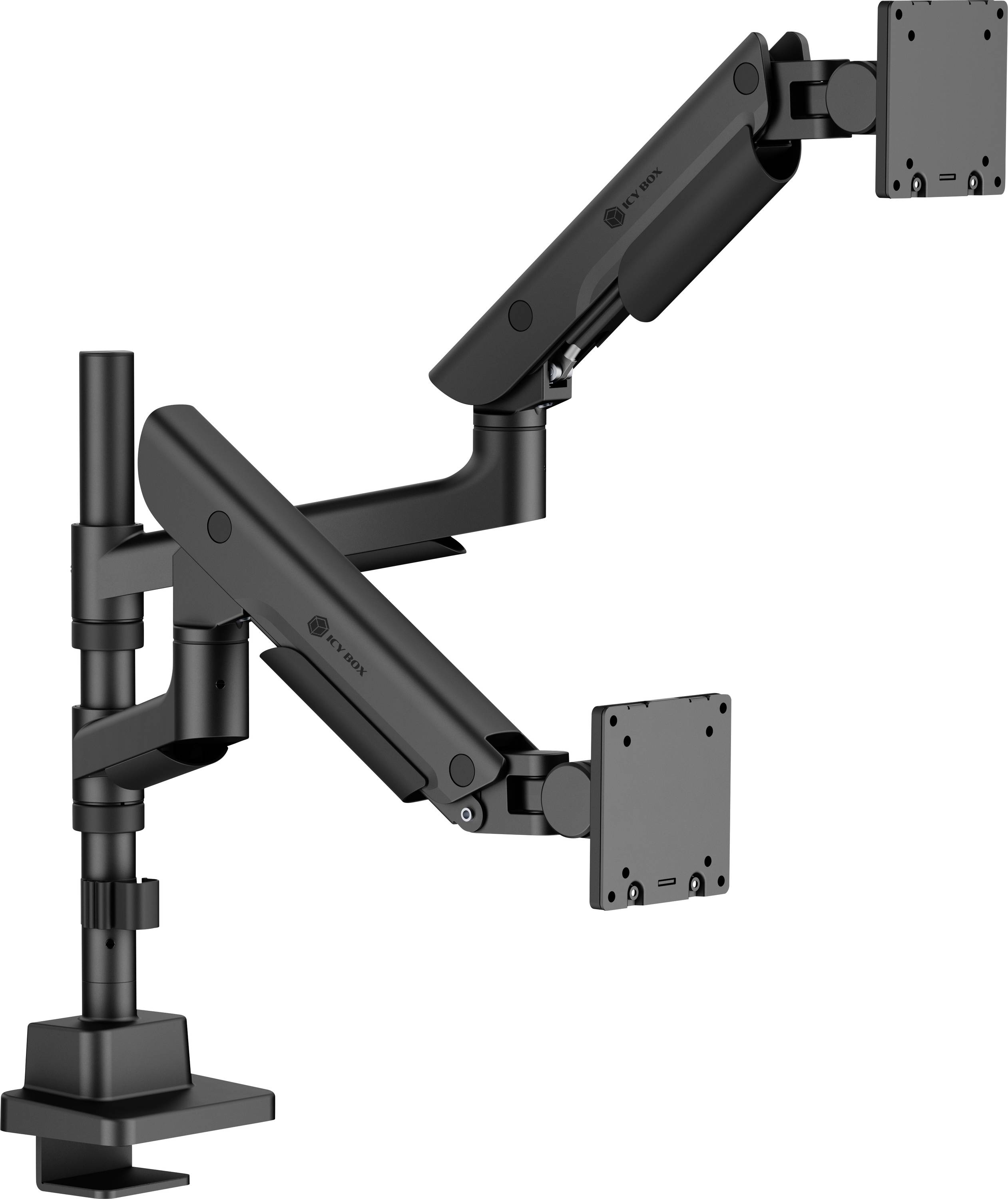 Monitorarm mit zwei verstellbaren Halterungen, schwarze Ausführung, mit Klemmbase zur Befestigung am Schreibtisch, entwickelt zum ergonomischen Halten von zwei Monitoren.