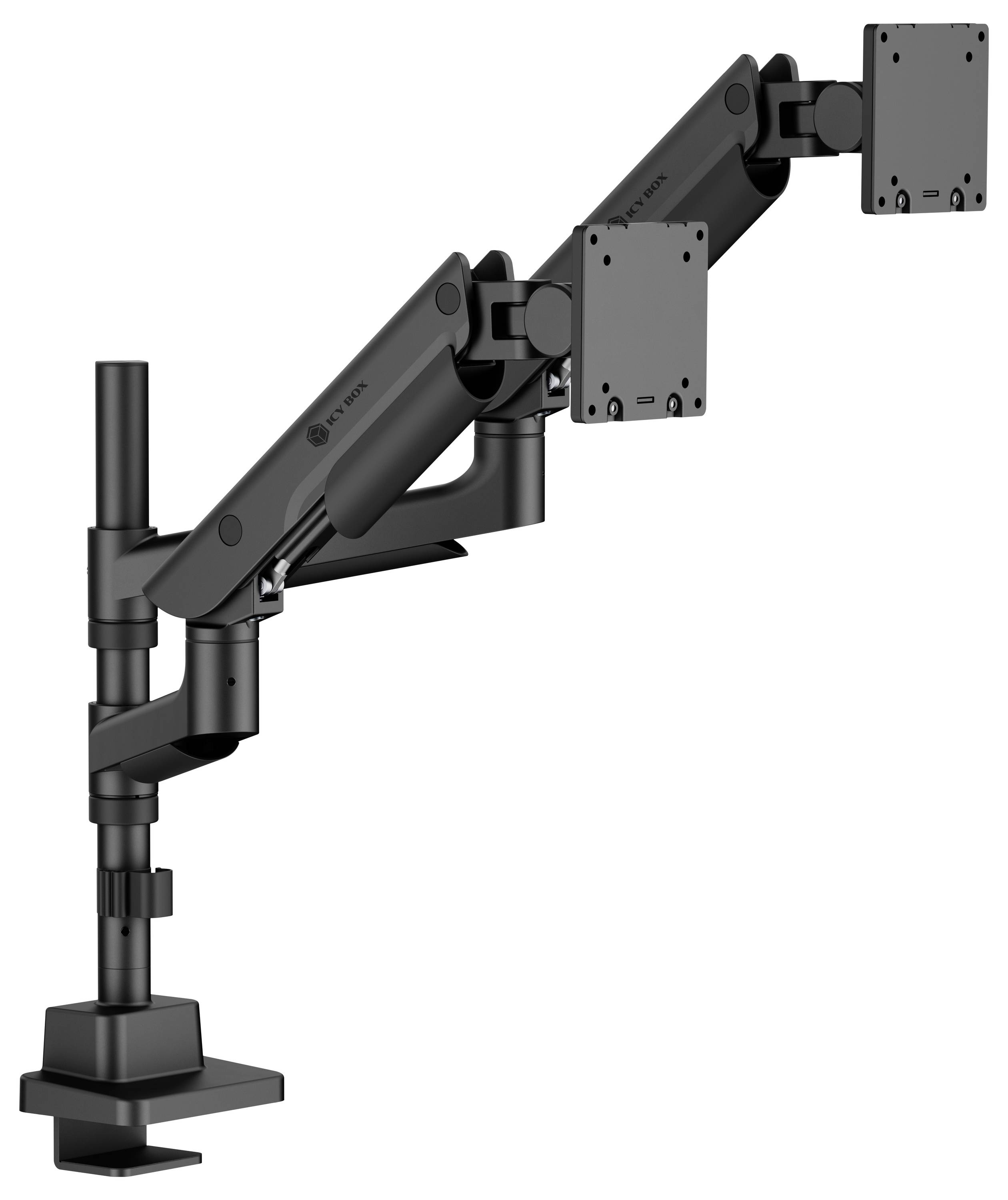 Ein dualer Monitorhalter in Schwarz, mit verstellbaren Armen und VESA-Platten zur Befestigung der Bildschirme. Er ist für eine ergonomische Arbeitsplatzgestaltung konzipiert.