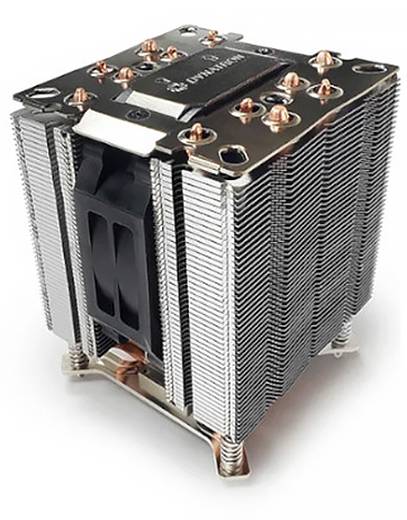 Ein Metall-CPU-Kühler mit mehreren dünnen Aluminiumlamellen und Heatpipes, der für die Wärmeableitung von Computerprozessoren konzipiert ist.