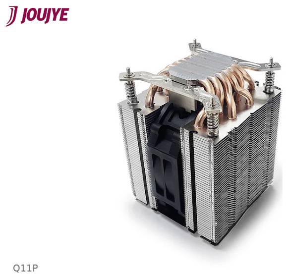 Ein JouJye Q11P CPU-Kühler mit Kupferheatpipes und Aluminiumlamellen, entwickelt zur effizienten Wärmeableitung von einem Computerprozessor.