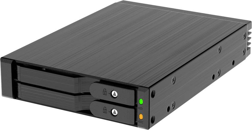 Ein schwarzes Festplattengehäuse mit zwei abschließbaren Laufwerkschächten, ausgestattet mit LED-Statusanzeigen für Stromversorgung und Aktivität.