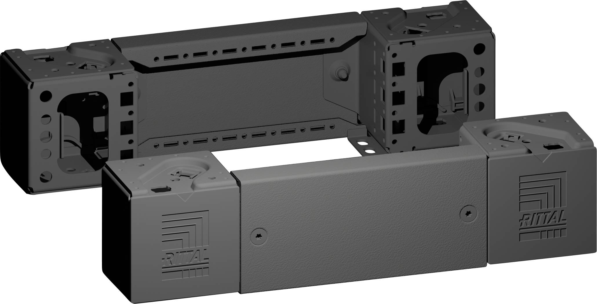 Rechteckige schwarze Komponente mit 'Rittal' Logo auf zwei sichtbaren Seiten, möglicherweise ein Schutzgehäuse oder strukturelles Element, mit mehreren Öffnungen und Befestigungspunkten.