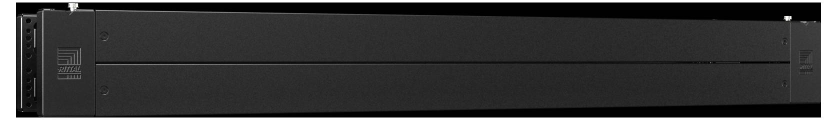 Ein langer, schwarzer rechteckiger elektronischer Apparat in horizontaler Ausrichtung, möglicherweise ein Rack-Mount-Server oder eine Stromverteilungseinheit.