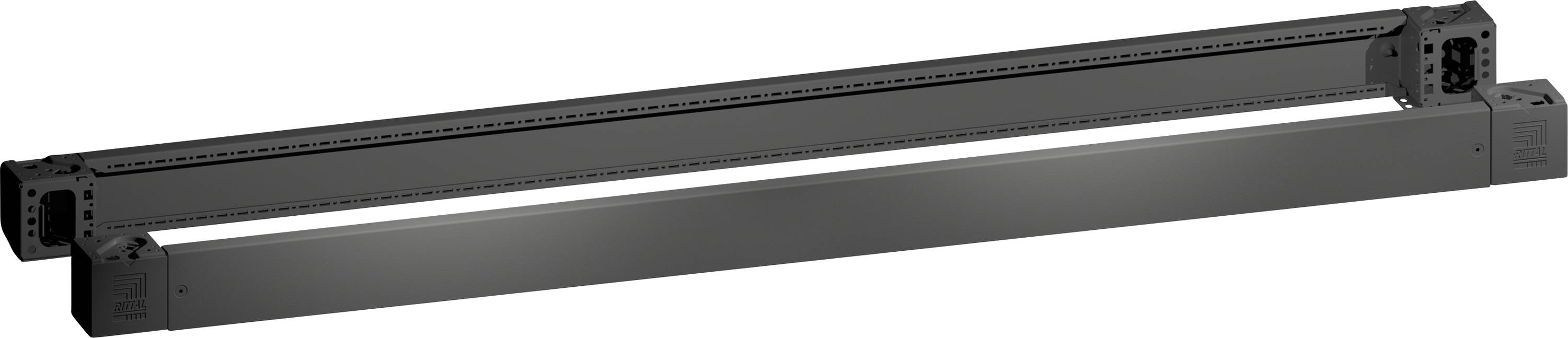 Eine schwarze, rechteckige Linearführungsschiene für industrielle Automatisierung, ausgestattet mit Befestigungslöchern und einer glatten Gleitbahn.