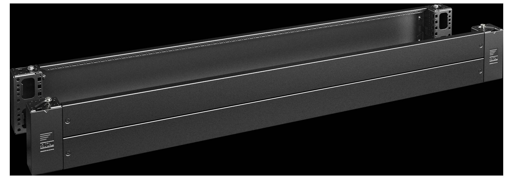 Ein schwarzes Metallrackpanel, das häufig zum Organisieren von Kabeln in einem Server- oder Audiogeräterack verwendet wird.