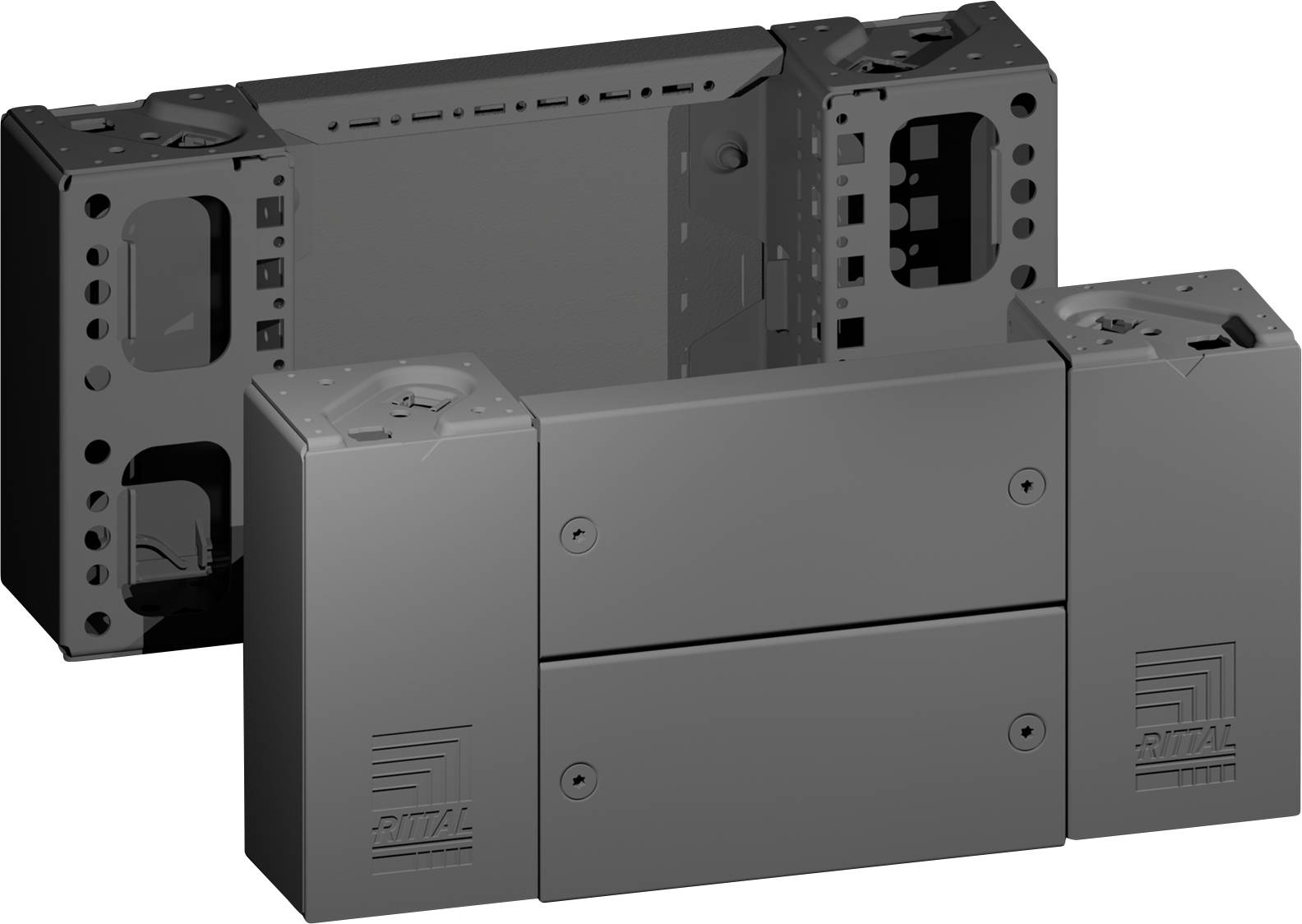 Ein schwarzes, rechteckiges elektrisches Gehäuse mit zwei kleineren Gehäusen an den Seiten, alle mit der Aufschrift 