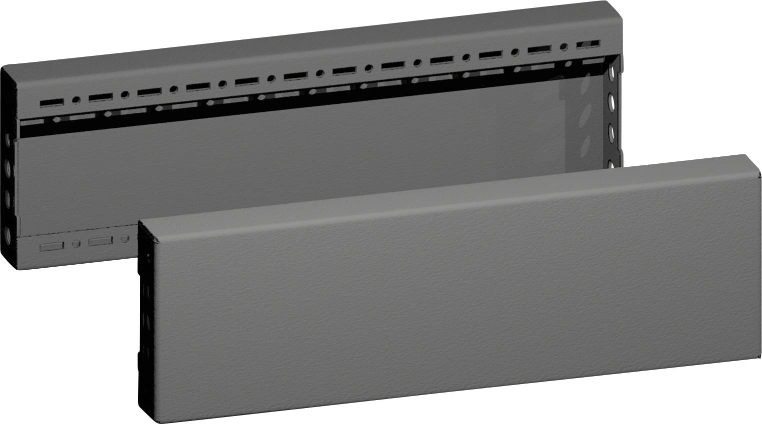 Zwei längliche graue Metallbelüftungsgitter; eines zeigt das offene Schlitzdesign, während das andere eine geschlossene Frontalansicht präsentiert.