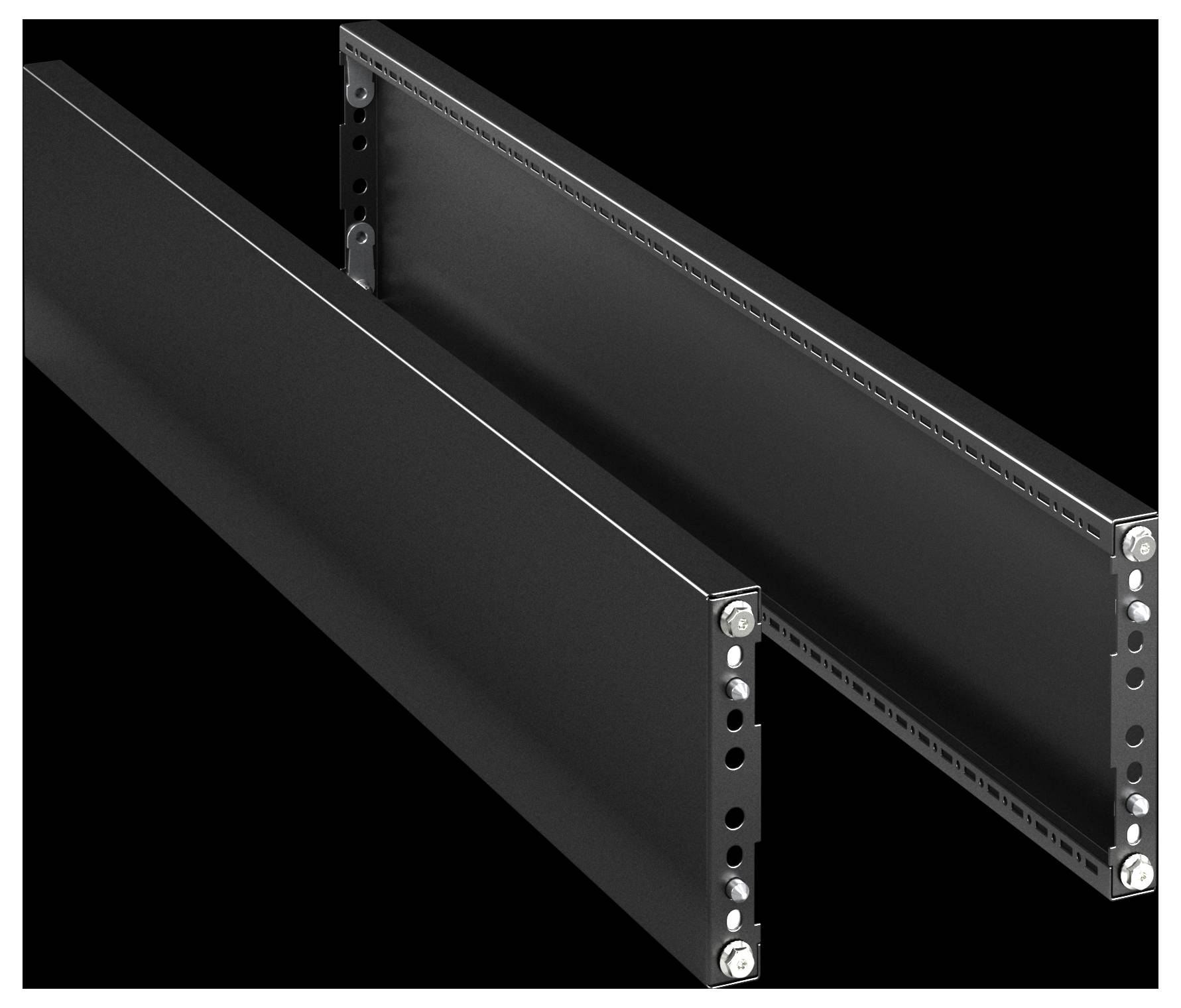 Zwei schwarze Metallbalken mit Bohrlöchern und Rillen werden vor einem schwarzen Hintergrund gezeigt, parallel zueinander ausgerichtet, was auf eine strukturelle Verwendung hindeutet.