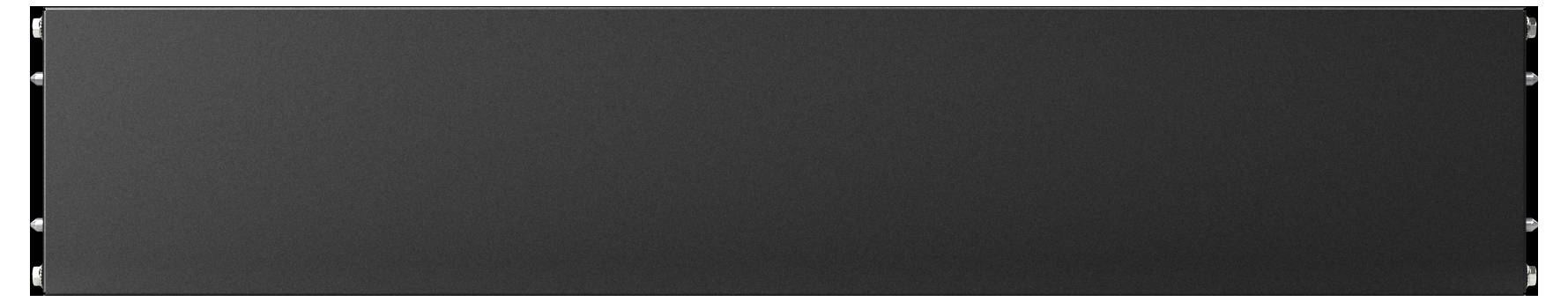Ein schlichtes, mattes schwarzes Metallpanel mit abgerundeten Ecken, das für den Einbau in Racks von Audio- oder Serverausrüstung konzipiert ist.