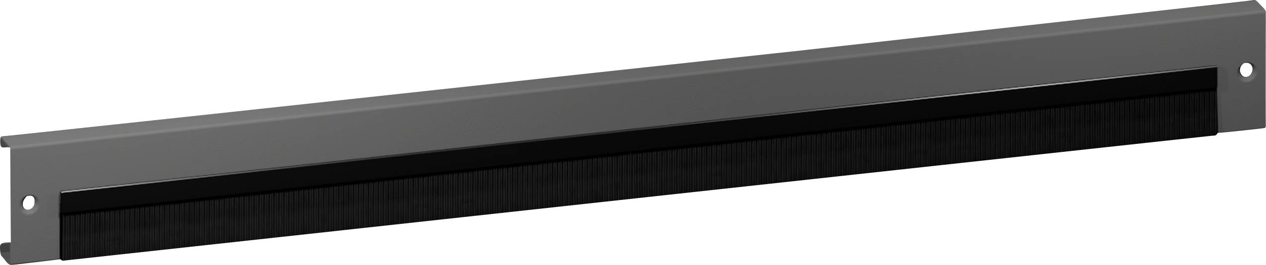 Ein schwarzes und graues horizontales Rack-Montagepanel mit zwei Schraublöchern an jedem Ende, das zur Kabelverwaltung oder zum Ausfüllen von leerem Rack-Platz verwendet wird.