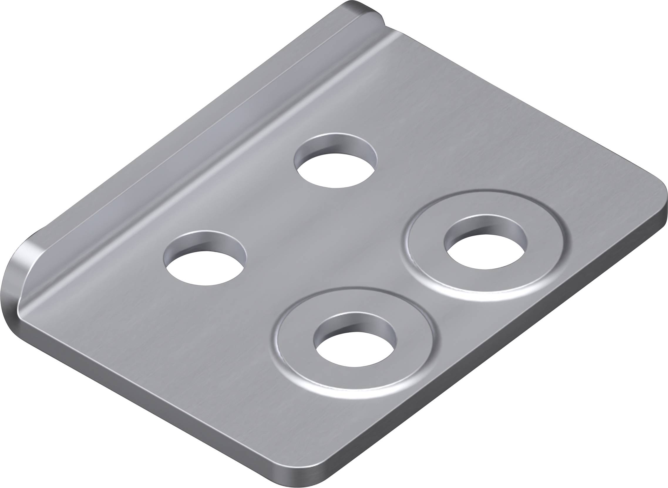 Metallhalterung mit vier kreisrunden Löchern, verwendet zum Befestigen oder Verbinden von Oberflächen.