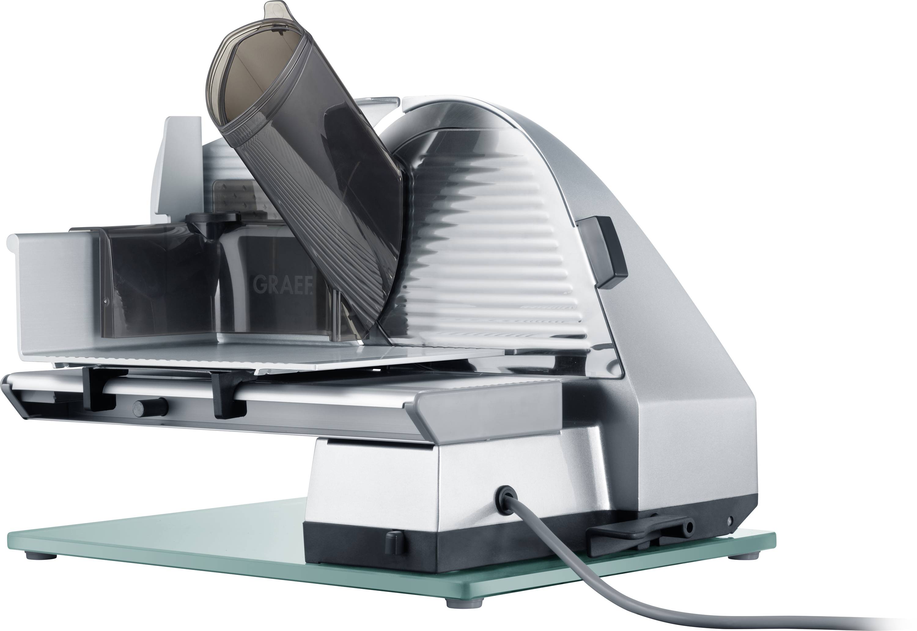 Elektrische Fleischschneidemaschine mit scharfer Kreisklinge, verstellbarer Schnittdicke und Sicherheitsschutz. Entwickelt zum Schneiden von Fleisch und Käse.