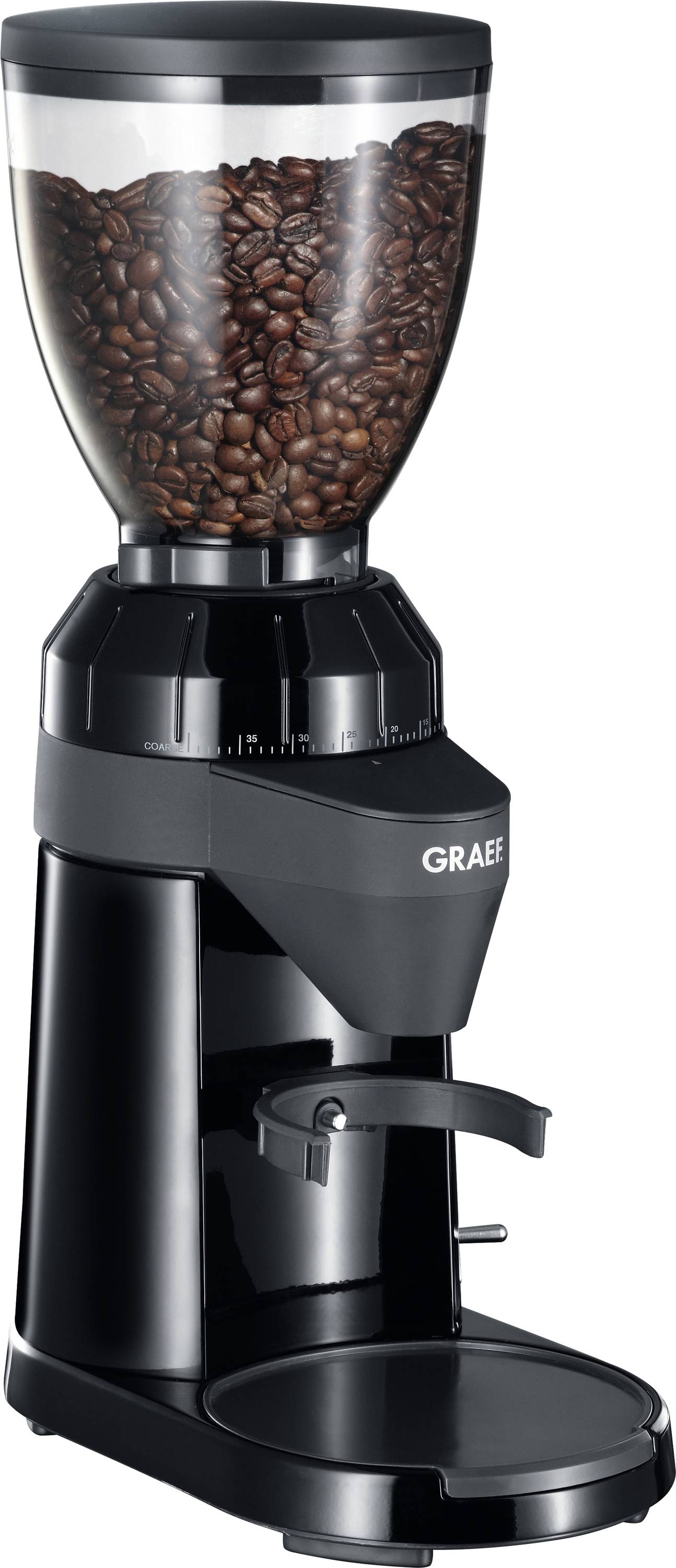 Eine schwarze Kaffeemühle mit durchsichtigem Deckel, gefüllt mit Kaffeebohnen.