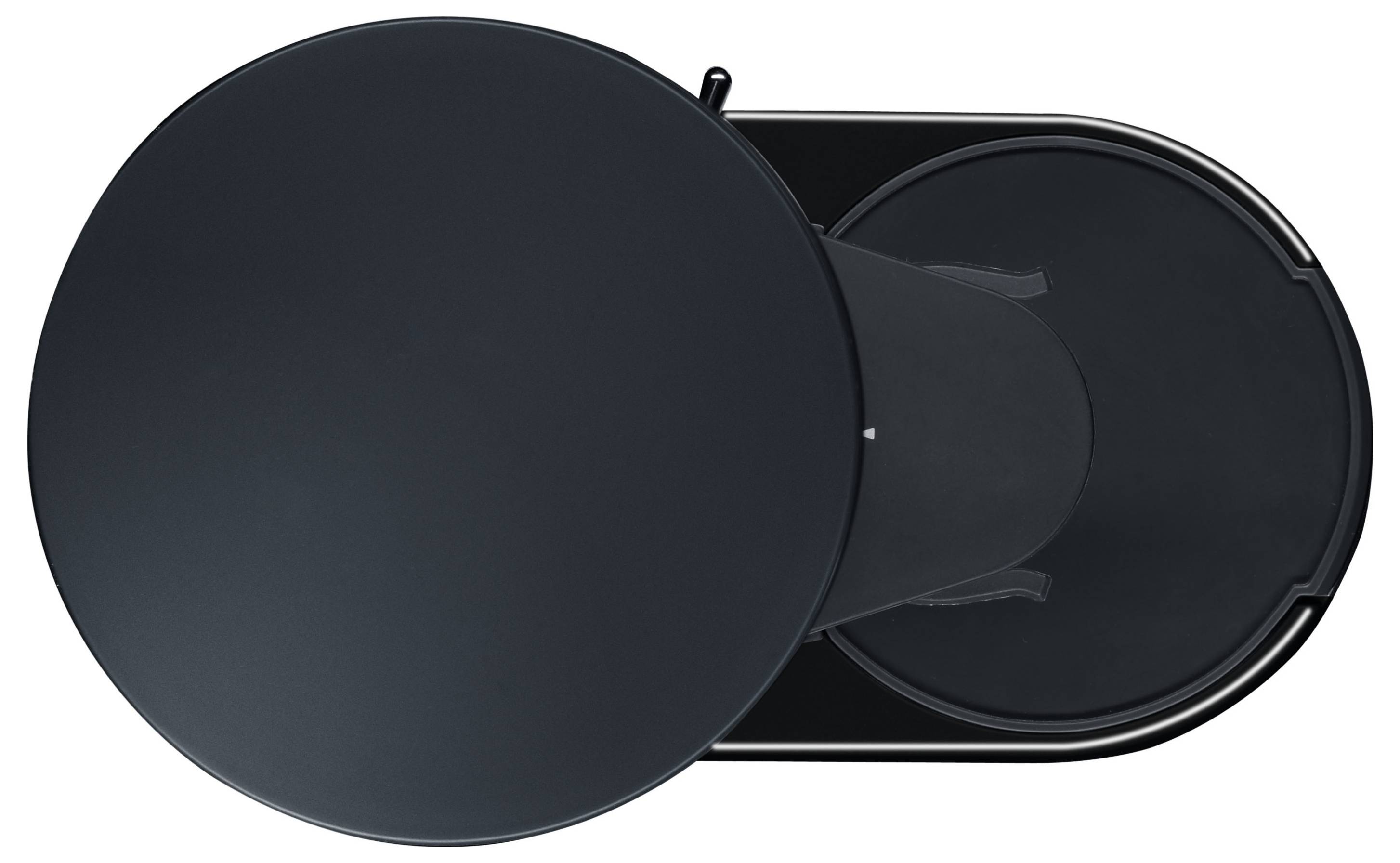 Draufsicht eines schwarzen, kreisförmigen Hockers mit zylindrischem Sitz und rundem Fuß.