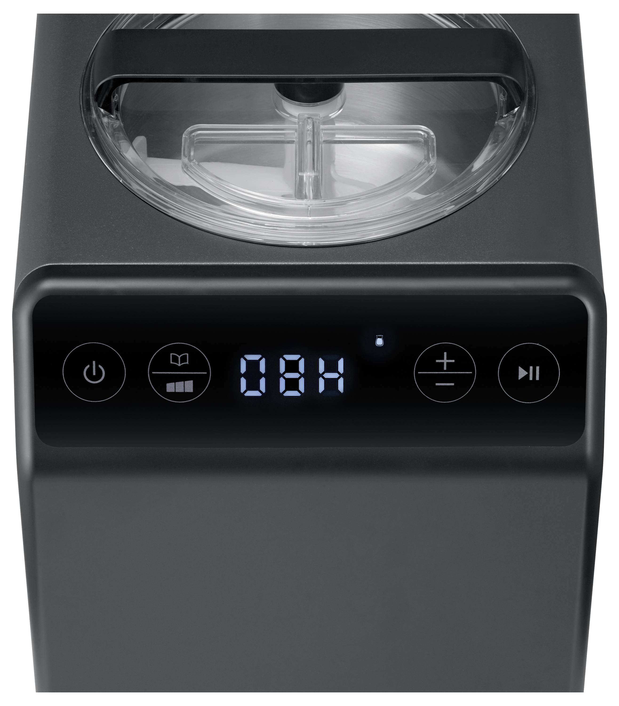 Schwarze elektronische Vorrichtung mit einer digitalen Anzeige, die 0:8H zeigt, und Steuerungstasten, einschließlich Symbole für Ein/Aus, Timer und Wiedergabe/Pause.