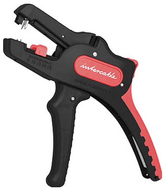 Selbsteinstellende Abisolierwerkzeug mit schwarz-rotem Design, ausgestattet mit einem Griff zum Halten und einem Mechanismus zum Abstreifen der Isolierung von Drähten.